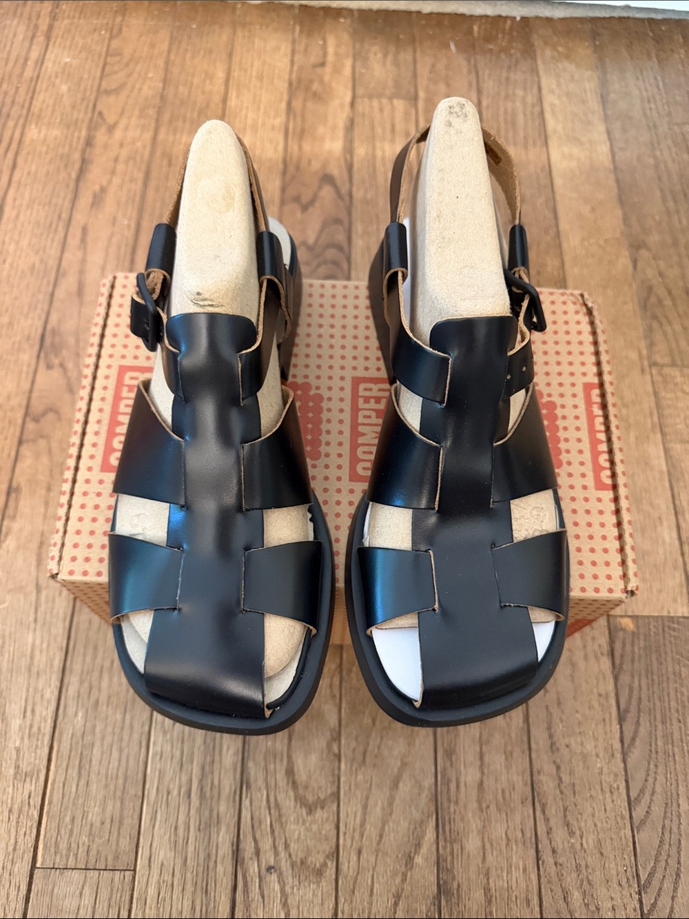 Camper Black Leather Fisherman-Style Sandals